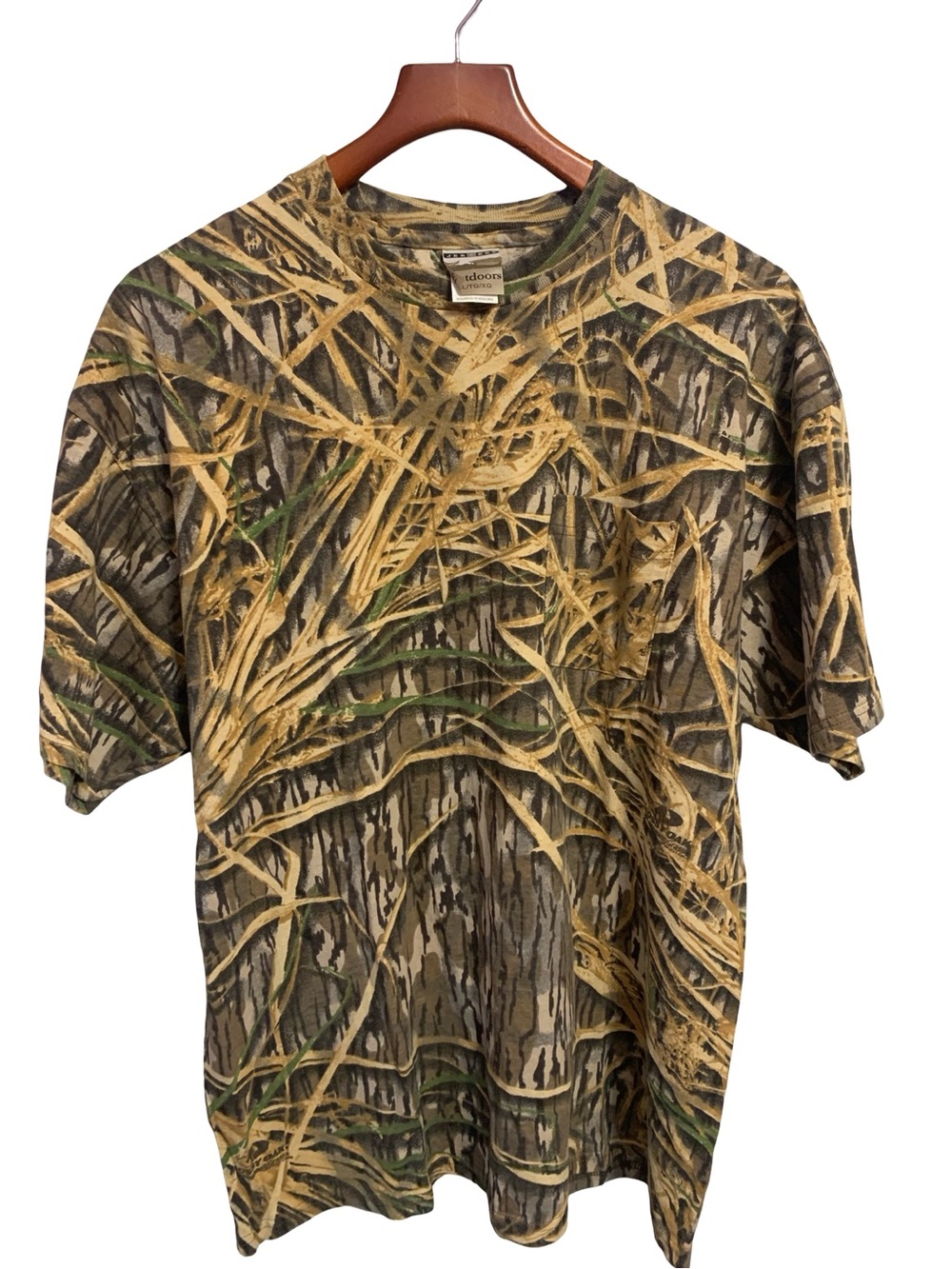 Vintage Mossy Oak/Jerzees Mens XL Wetland Camo Hunting Henley Short Sleeve Shirt